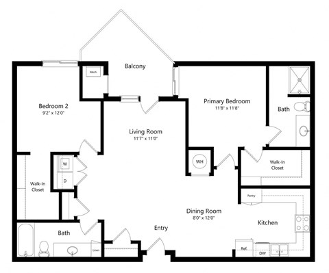 Floor plan for 2 beds, 2 baths, 1231 sqft